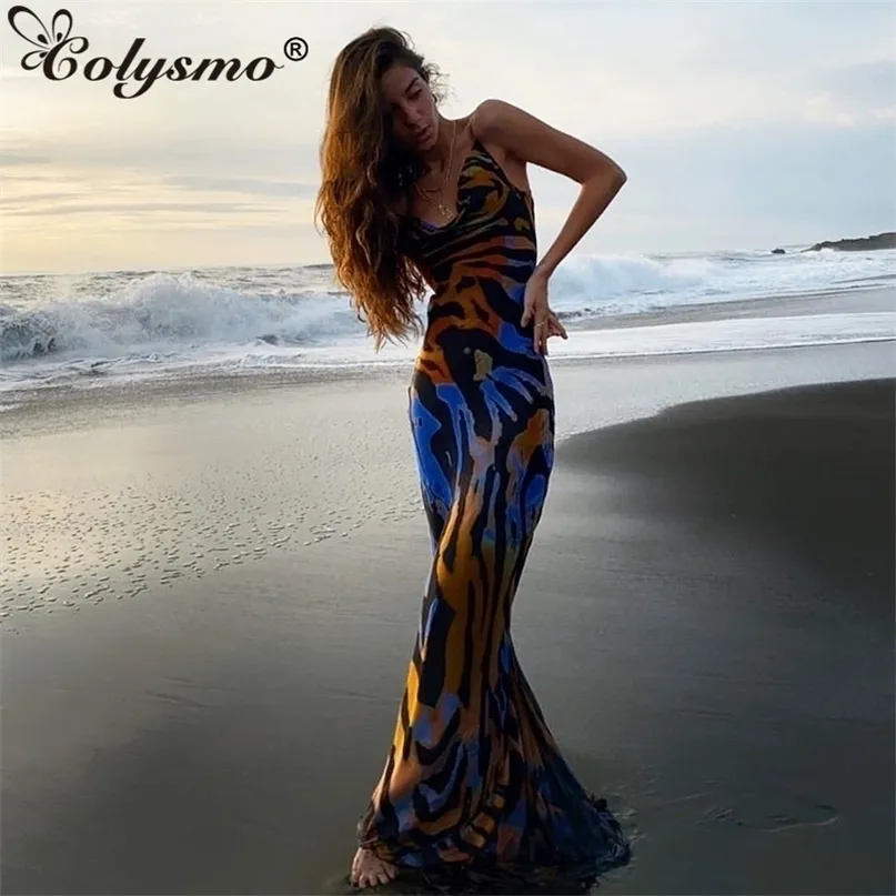 Colysmo Print Maxi Dres Sexy Low Cut Cowl Neck Back Lace Up Sexy Dresses Seaside Party Club Wear Long Dress 220509