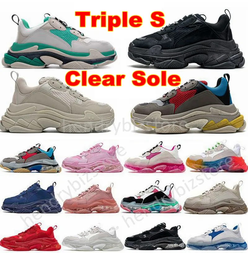 Mais novo Triple S Mens Womens Running Shoes Triplers Preto Rosa Cristal Clear Sole Bottom Paris Plataforma Sapato Moda Ao Ar Livre Cinza Bege Verde Amarelo Sapatilhas Vintage