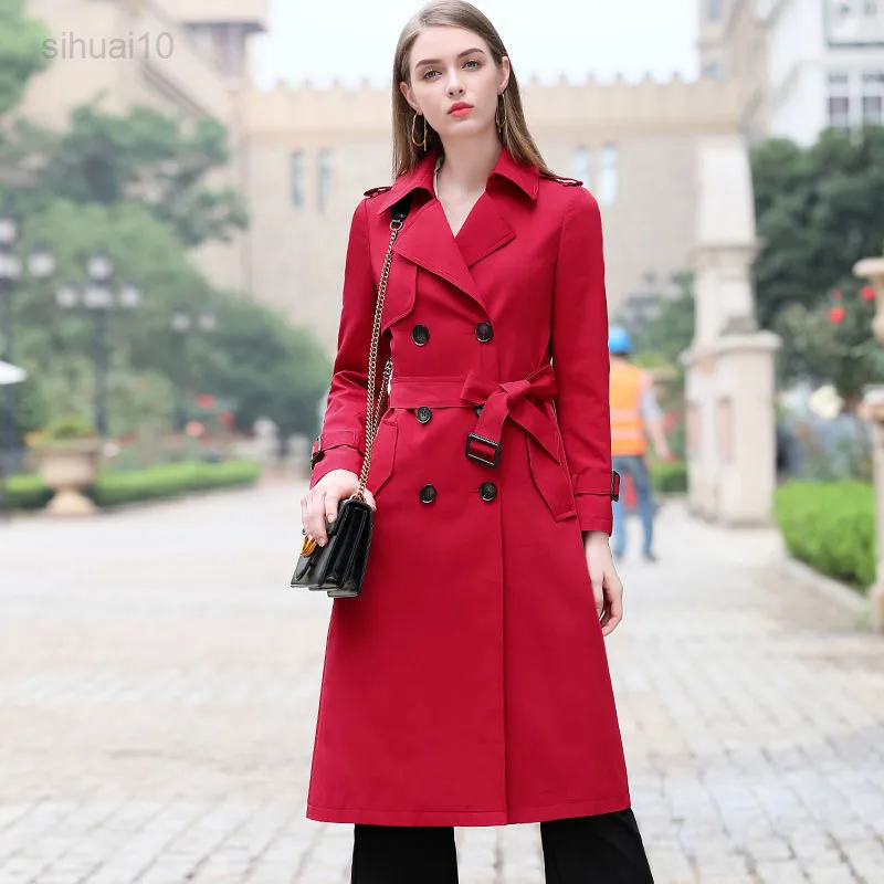 British Style Kaki Autumn Long Trench Coat for Women Fashion Double Breasted Waterproof Jacket Female Elegant Windbreaker Jacket L220725