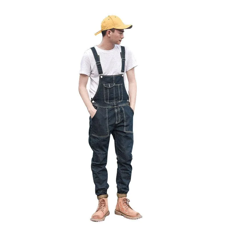 Men's Jeans Spring Overalls Men Bib Denim Jumpsuit Slim Big Pocket Cargo Pants Fashion Casual Black Trousers