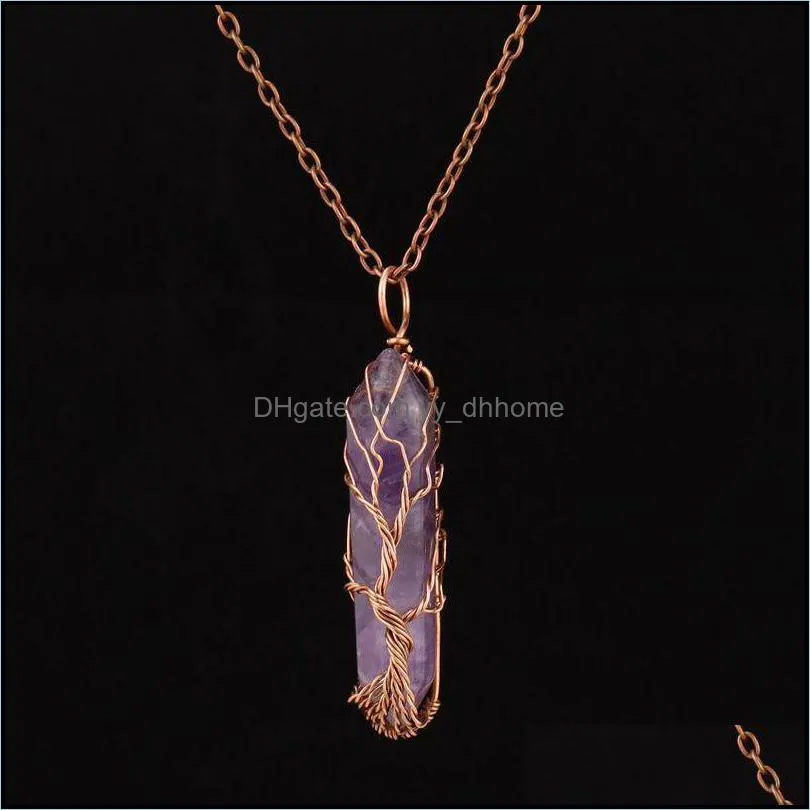 healing crystal natural stone hexagon pillar charms necklaces twine copper tree of life wire wrap pendant amethyst tiger eye yydhhome