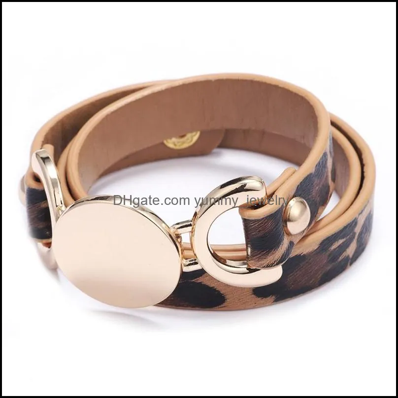 PU Leather Bracelets Bangles Women Multilayer Adjustable Fashion Design Round Metal Wrap Charm Bracelet Leopard Lady Hand Cuff Button Punk Couple Jewelry