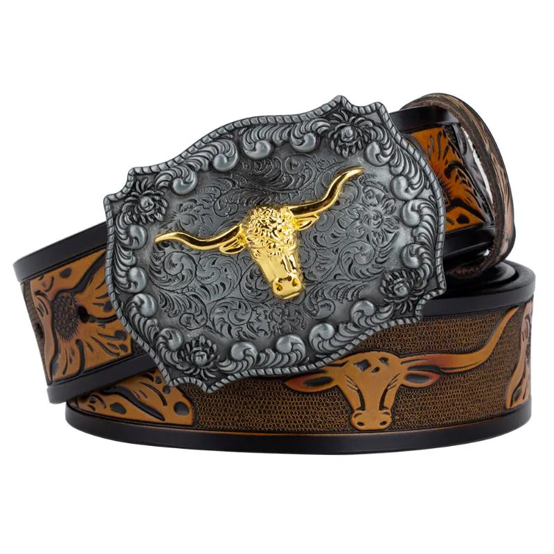 Belts Ox Head Biflelel Genuine Leather Luxury Luxury for Men Fashion Animal Patternbes