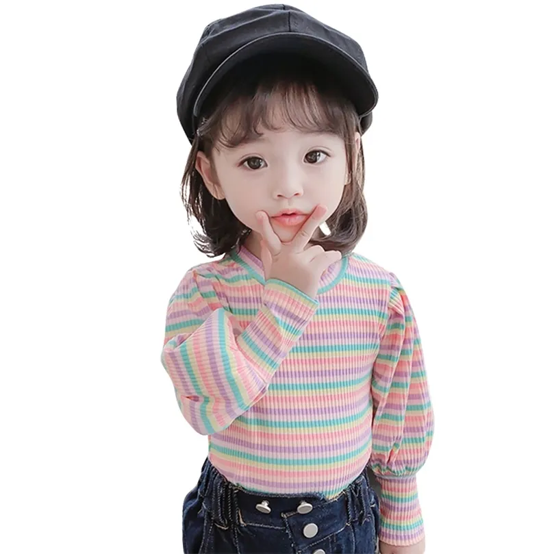 女の子のための幼児Tシャツ虹の炒め物TシャツパフスリーブTシャツキッズカジュアルスタイルの子供の女の子の服210412