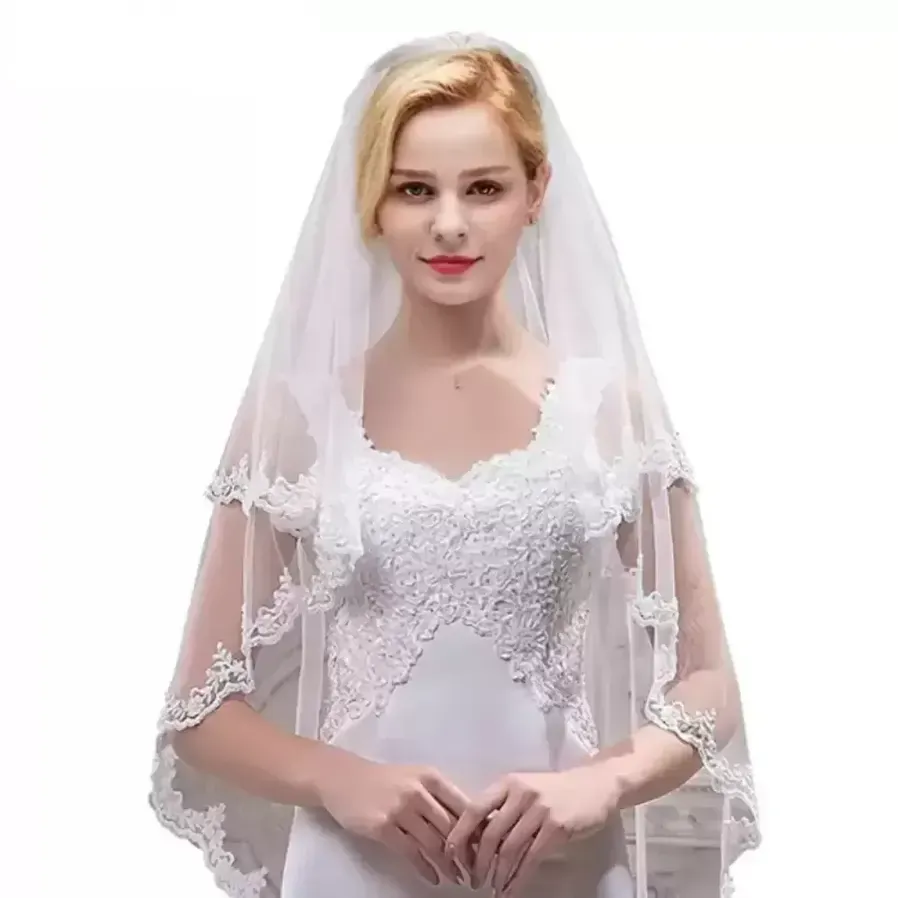 Stock Fashion Bridal Veil met kammen ellebooglengte korte kanten appliques sluiers bruiloft accessoires CPA1437 B0523