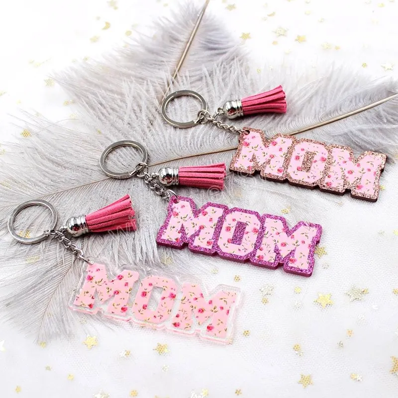 Llaveros con letras acrílicas para mamá, regalo para el Día de la madre familiar, llavero con borla brillante, colgante para bolso de coche, joyería para mujer