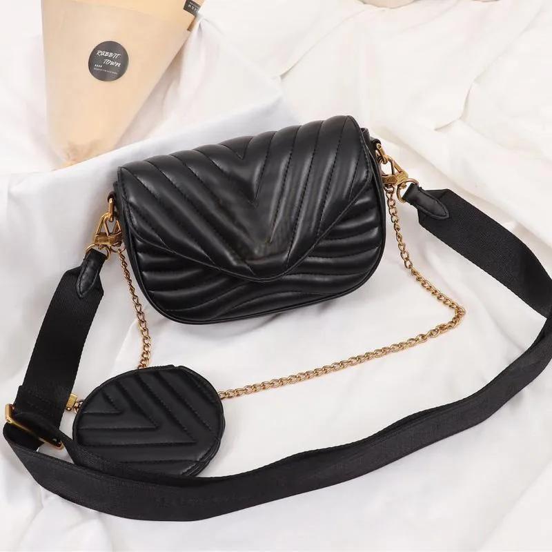 Wave Pattern Real Leather Crossbody Bag 2pcs Set Handbags with Purse Wallet Detachable Shoulder Strap Bag Chain Hand Bags