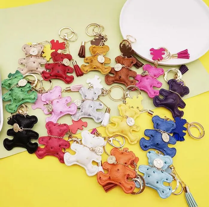 Teddy Bear Key Chains Animal Design Tassel Keychains Ring Charms PU Leather Car Keys Holder Bag Pendant Wristlet Keyring Accessories Jewelry Gifts for Women Men