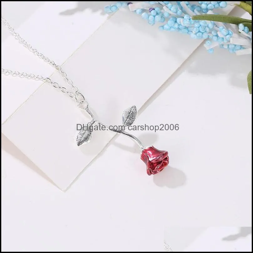 vintage delicate handmade alloy red rose flower pendant necklace beauty colorful charm valentine gifts women fashion jewelry wholesale