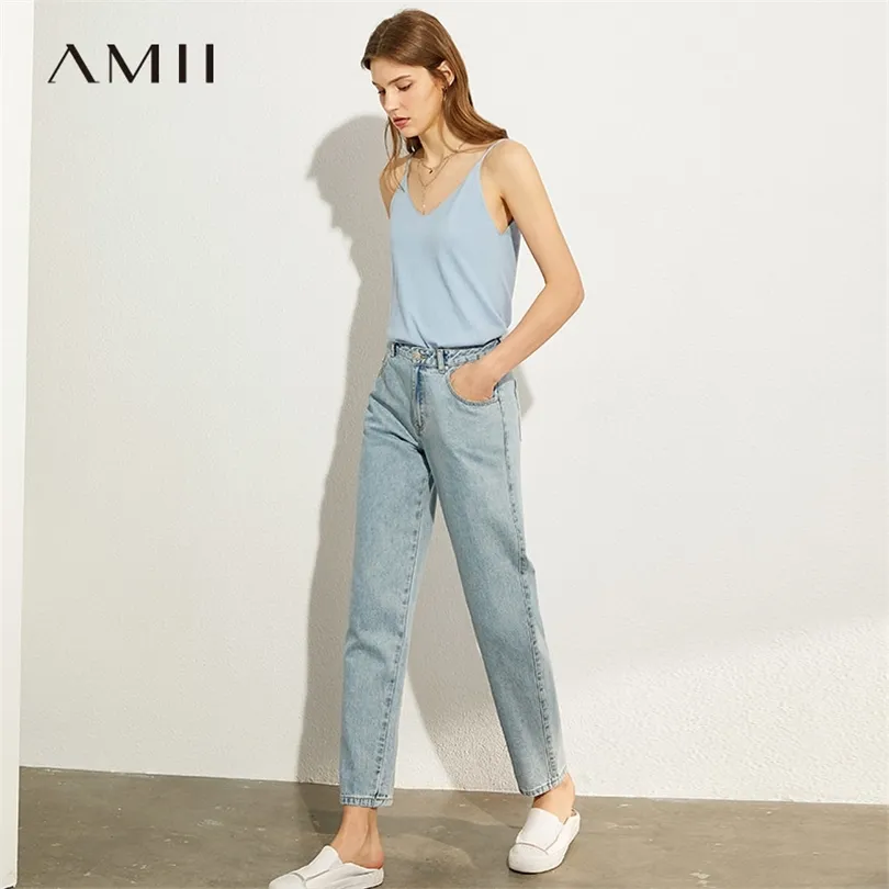 Amii minimalizm letnia jesień moda podstawowe dżinsy dżinsy przyczynowe bawełna wysoka talia prosta dżinsy na kostkę 12040693 201029