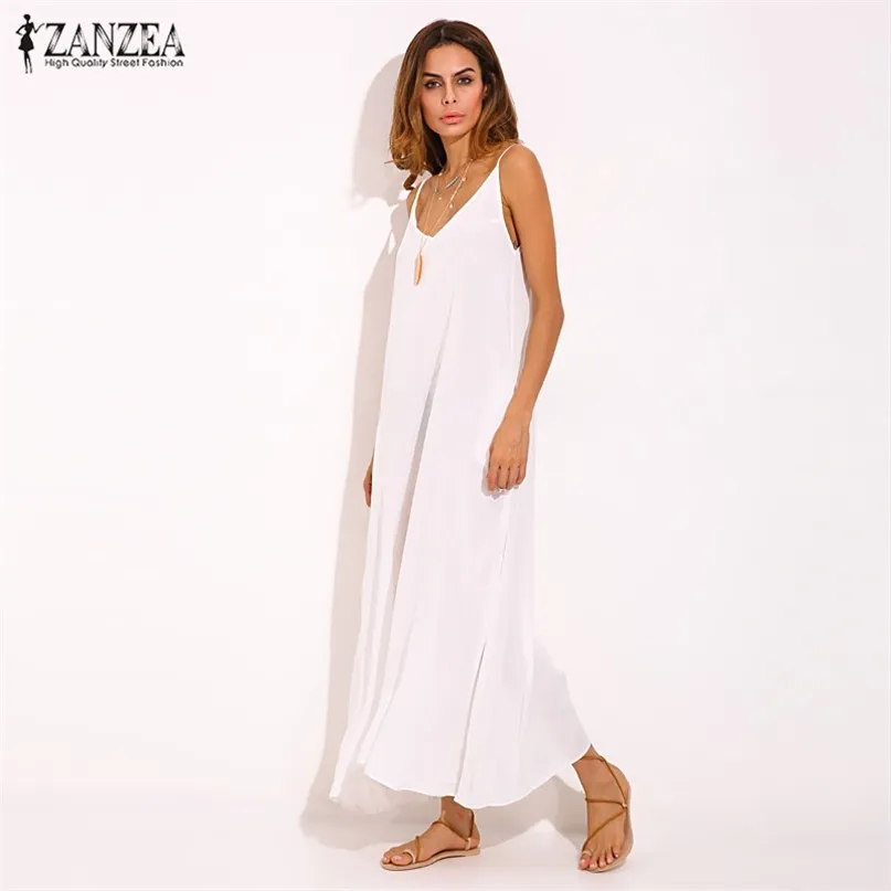 Vestidos Summer ZANZEA Women Strapless Sexy V Neck Sleeveless Dress Casual Loose Long Maxi Solid White Oversized 220613