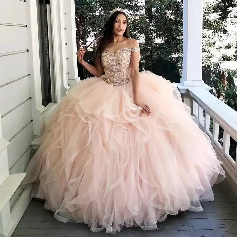 Off The Shoulder Tulle Quinceanera Dresses 2022 Beaded Stones Top Tulle Ruffles Sweet 16 Party Prom Princess Evening Gowns With Lace Up Back