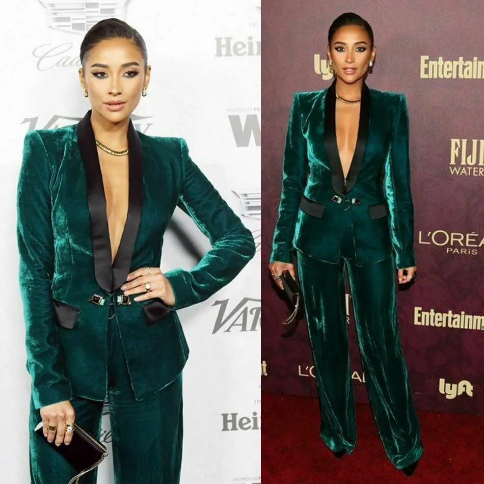 Emerald Green Velvet Evening Jurk Vrouwen Pant Suit prom jurken voor Celebrity 2022 Deep V Neck Sexy Formal Outfit Party Wear Vestido Robe de Soiree Mariage