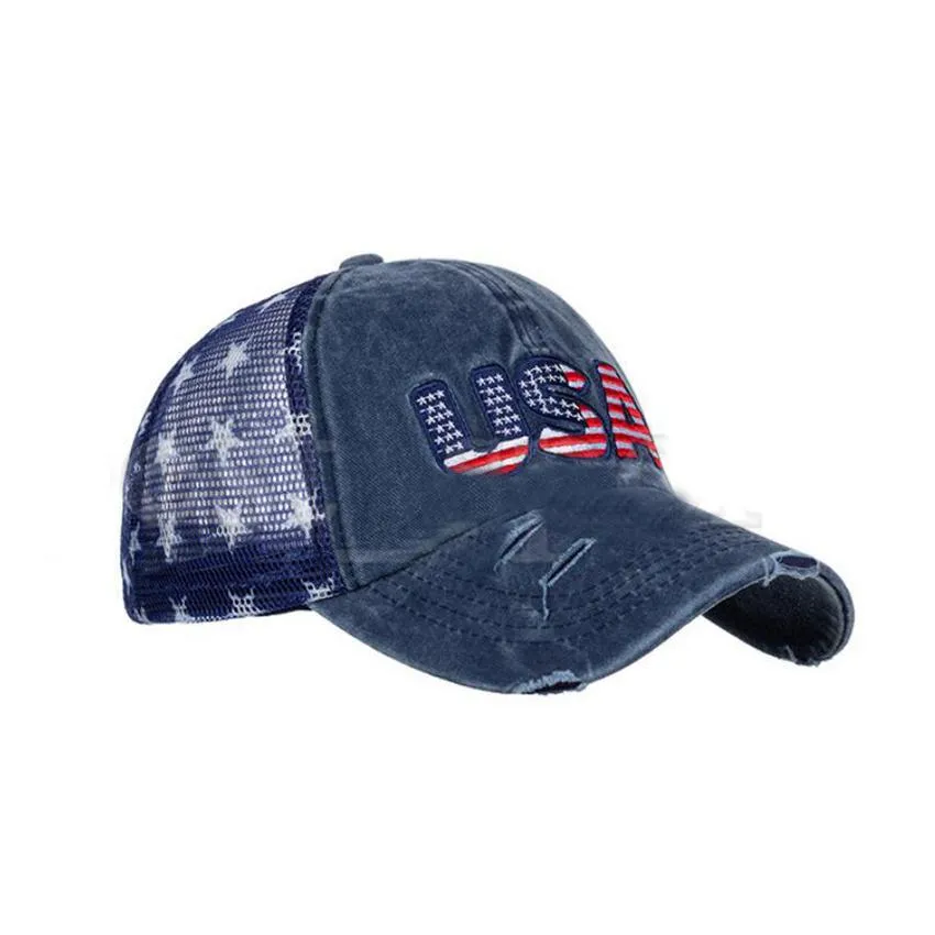 USA  Hats Trump American Baseball Caps Washed Distressed US Flags Stars Mesh Cap Sunshade Party Hat