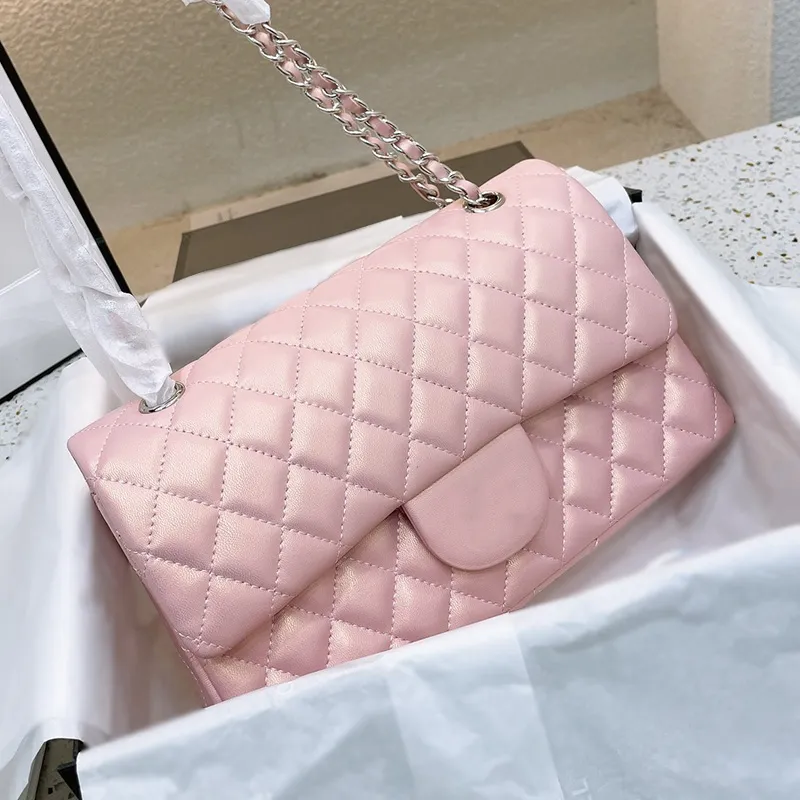 2022Ss Sacs à double rabat classique rose nacré irisé avec chaîne en métal argenté bandoulière épaule fourre-tout de luxe fourre-tout multi pochette sacs à main 25 cm