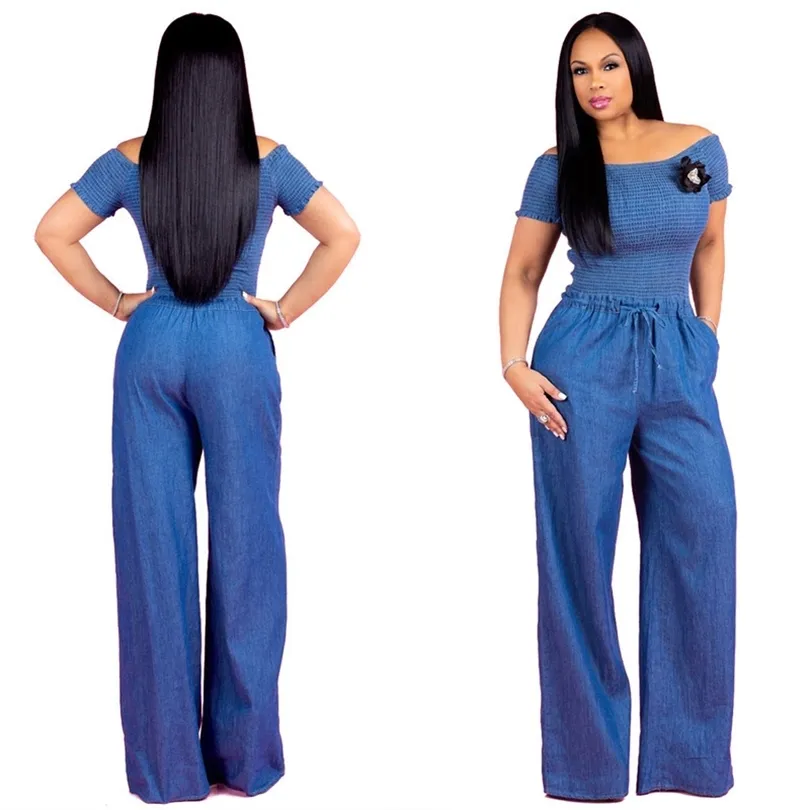 Europe and the fold a word shoulder denim jumpsuits with short sleeves Sexy wide legged jumpsuits0224 T200107