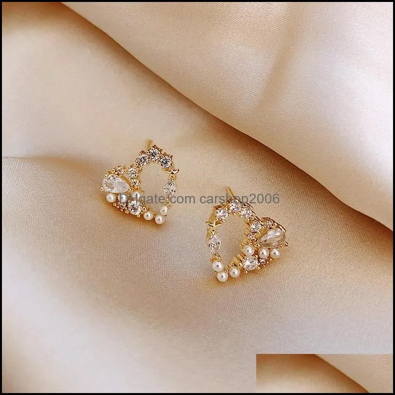 Love Pearl Stud Earrings For Women Trendy Crystal Love Heart Korean Earring Personality Party Banquet Jewelry Gift