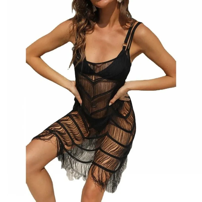 Women's Swimwear Summer Black Spaghetti Strap Beach Dress Women's Sexy Cutout Fringed Bikini Blouse Solid Color Crochet Short 2022