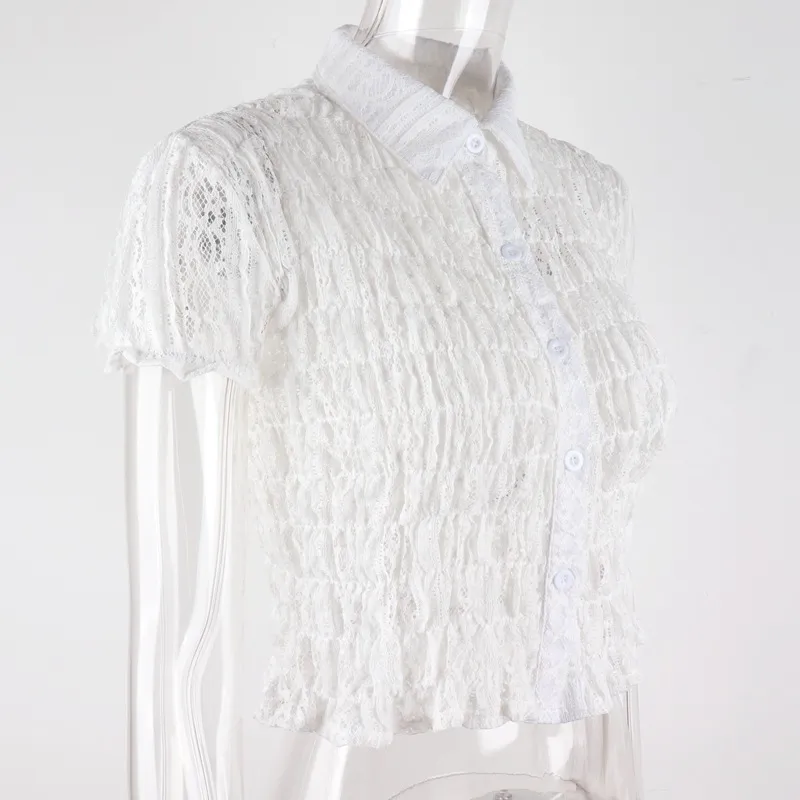White Lace Ruffle Top with Turn-Down Collar for Women