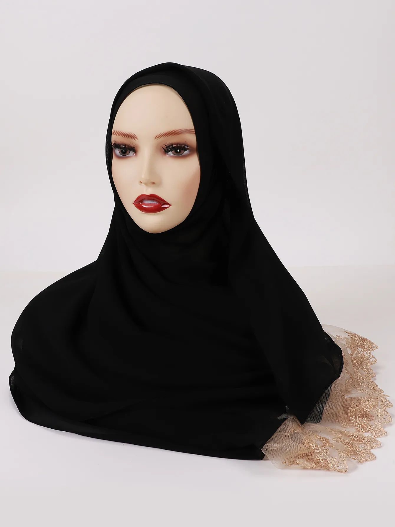2022 Müslüman Şifon Hijab Şallar Eşarp Altın Dantel ile Hicaps Katı Renk Kafası Sarar Kadınlar Başörtüsü Atkılar Bayanlar Fular Femme