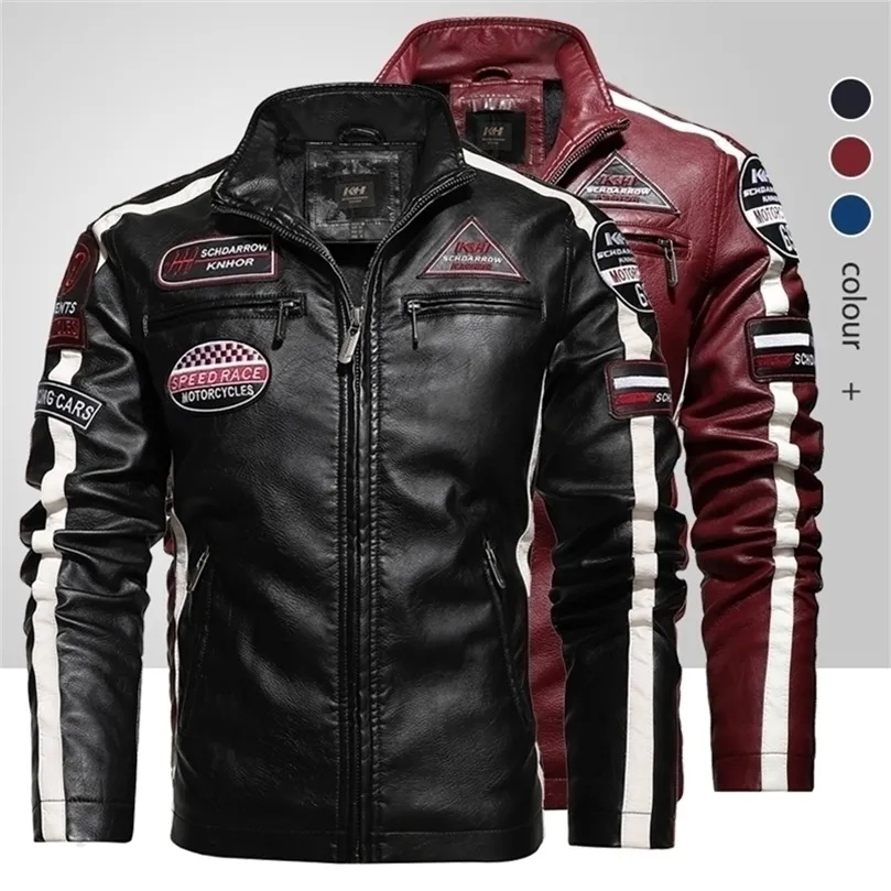 Mens Vintage Motorcykeljacka Men Fashion Biker Läderjacka Mannbroderi Bomber Coat Winter Fleece Pu Overcoat 201127