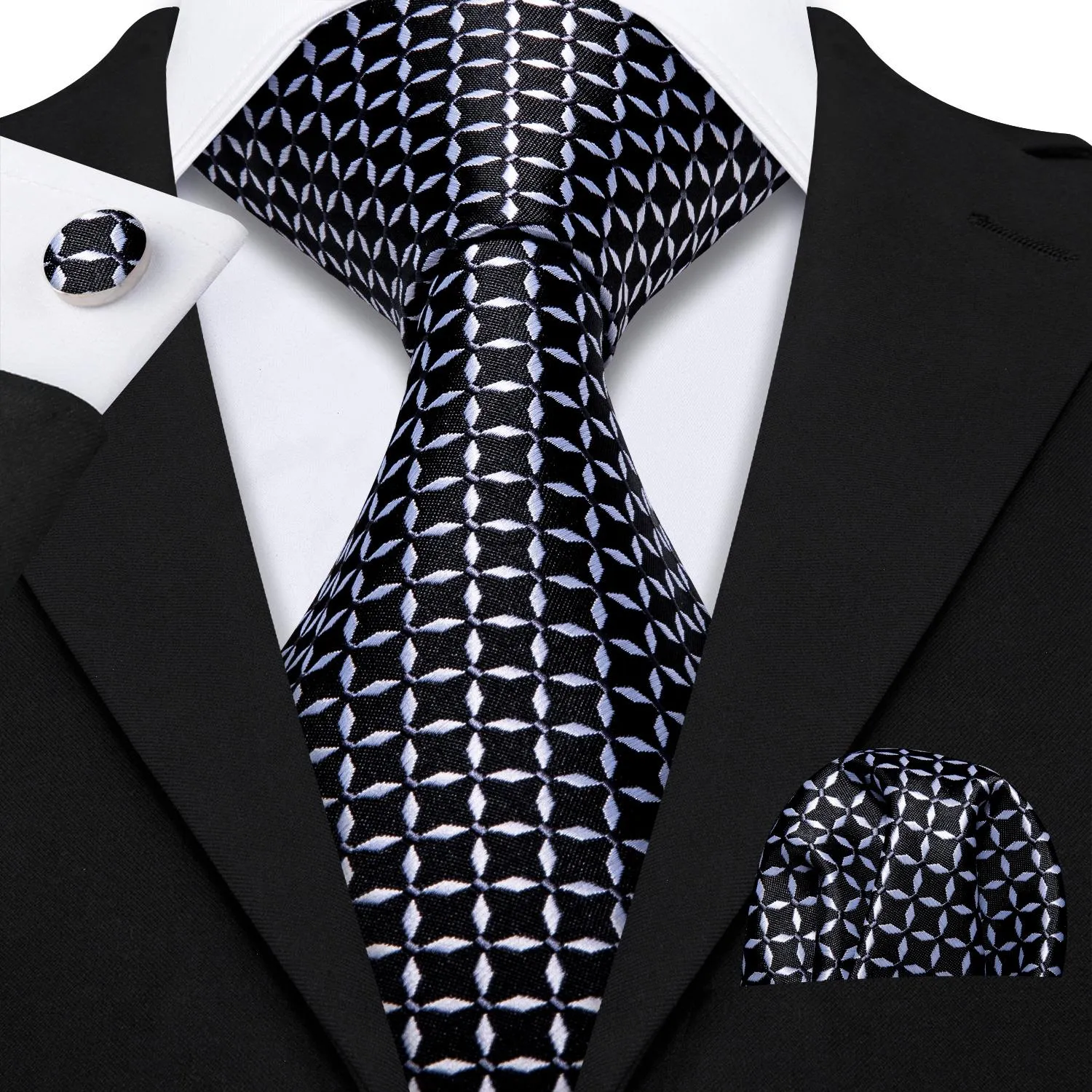 Men Tie Classic Black Plaid Necktie Casual Silk Jacquard Handkerchief Cufflinks Set Wedding Party Business Barry