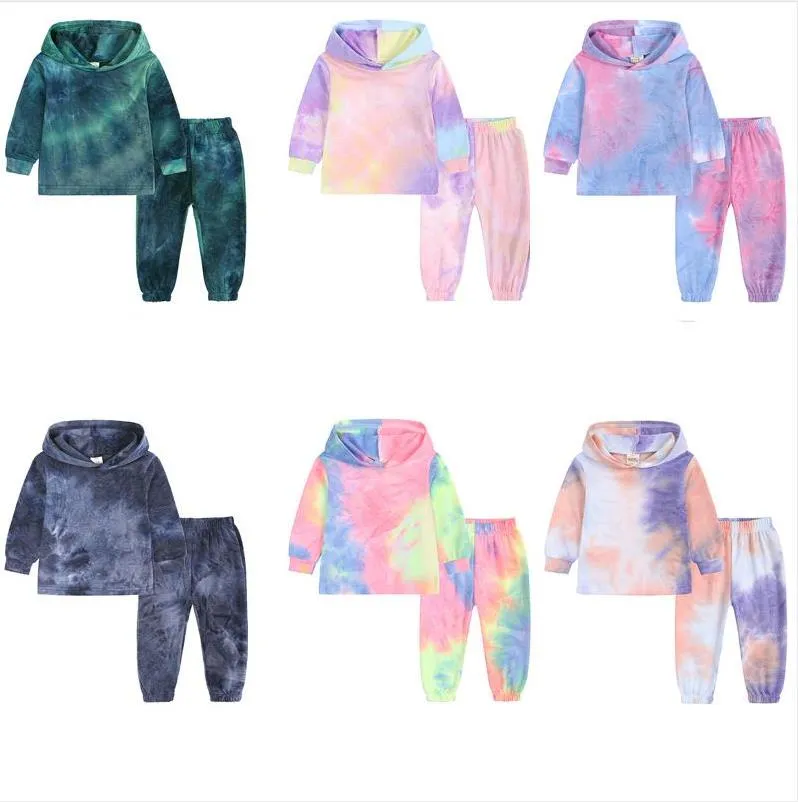 Enfants Tie Dye Vêtements Ensembles Vêtements De Marque Filles Imprimé Manches Longues Sweats À Capuche Pantalons Tenues Sweat Pantalon Costumes Garçons Mode Manteau Pantalon Vêtements De Loisirs 2pcs / Set BC797