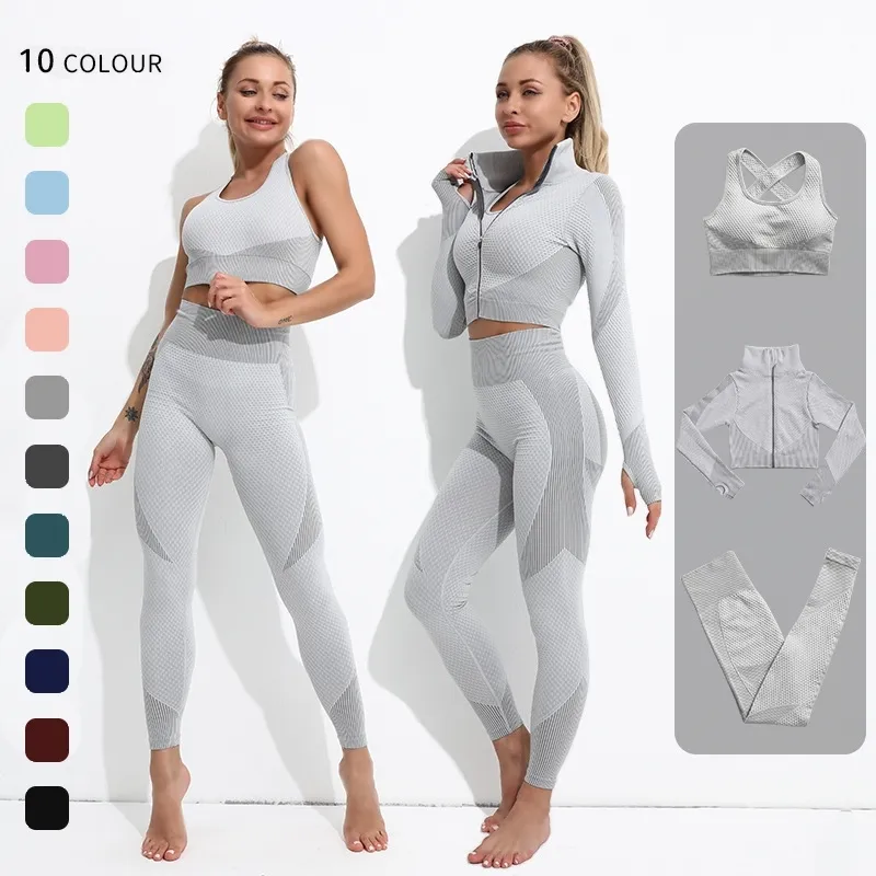 2/3 STKS Dames Sportkleding Naadloze Yoga Set Workout Gym Kleding Fitness Lange Mouw Crop Top Hoge Taille Legging Sportpakken W220418