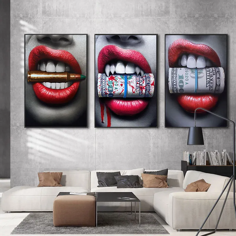 抽象女性の赤い唇を描くHDプリントとポスターキャンバスの現代の壁アート写真