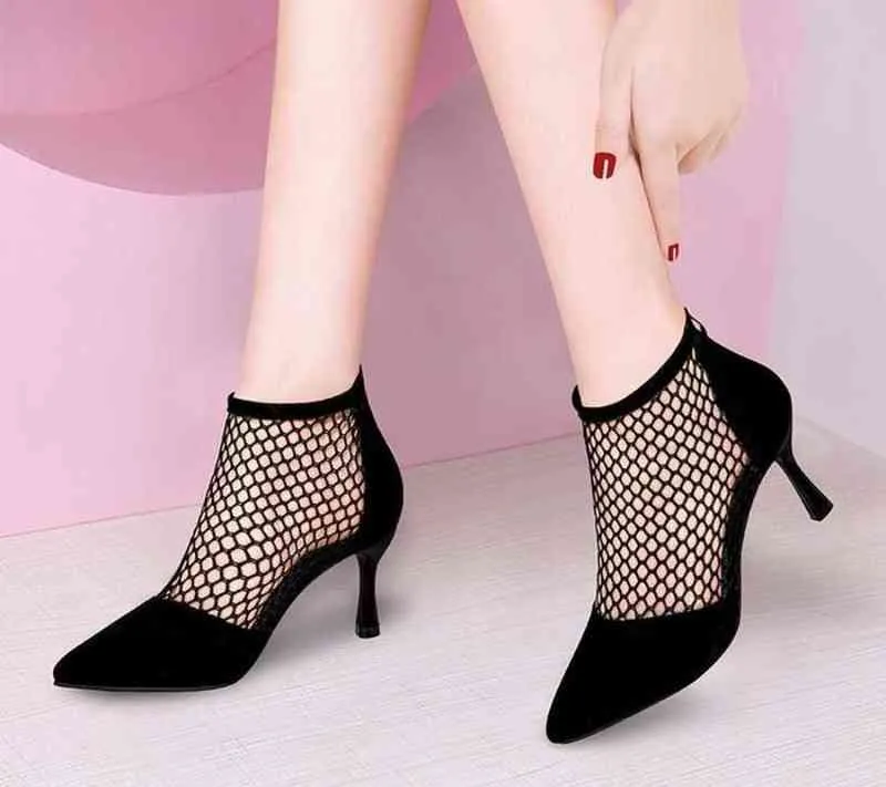 Vrouwen zomer zwarte laarzen fluwelen hoge hak visnet sexy enkelschoenen puntige teen sandalen dunne hak laarzen casual schoenen 2021 g220518