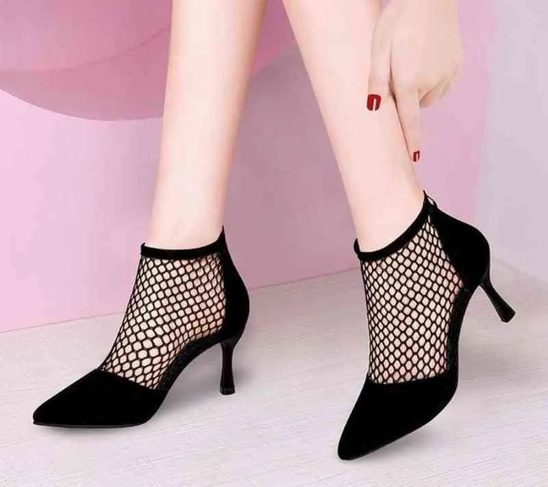 Kobiety Summer Black Boots Velvet High Heel Fishnet Seksowne buty do kostek Wskazane palce sandały cienkie buty na pięcie Buty swobodne 2021 G220518