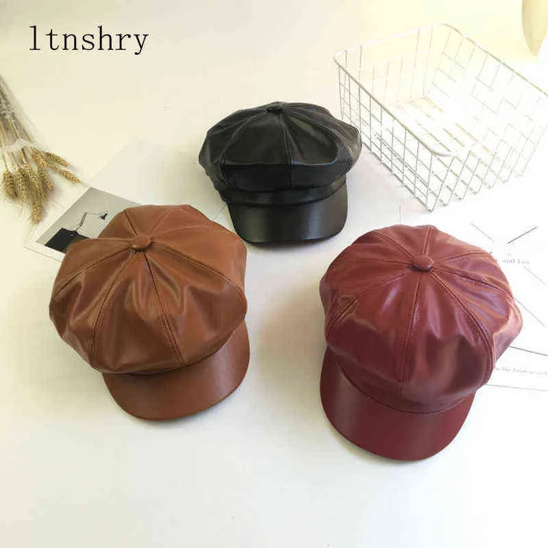 2019 Leather Vintage Fashion Berets Painter Hat Autumn Winter Caps Male Female Casual Solid Color PU Leather Octagonal Cap J220722