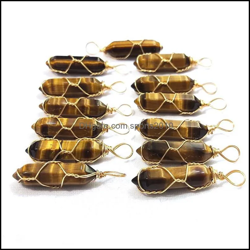 gold wire wrap natural stone charms tiger eye pillar bullet shape point chakra pendants for jewelry making handmade craft sports2010