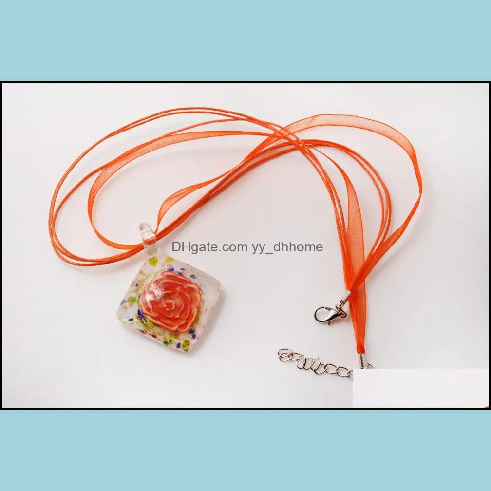 mix color necklaces handmade square shape lampwork murano glass inner flower pendant necklace fashion