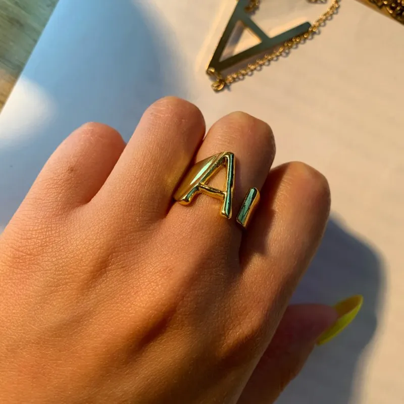 Initial A Z Letter Rings For Women Stainless Steel Gold Alphabet Name Adjustable Finger Ring Jewelry Gift Bijoux Femme Chunky 220719