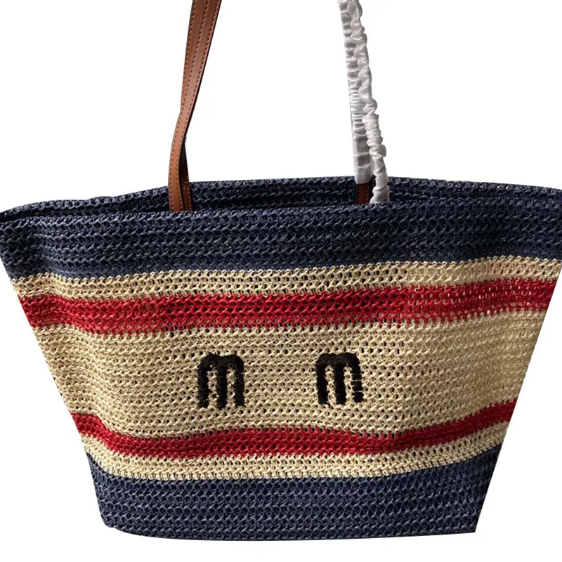 Sac fourre-tout tissé d'été sacs en osier de paille sac à main sacs à main femmes rayures de couleur crochet évider lettre épaule fourre-tout plage voyage portefeuille grande capacité 34 cm