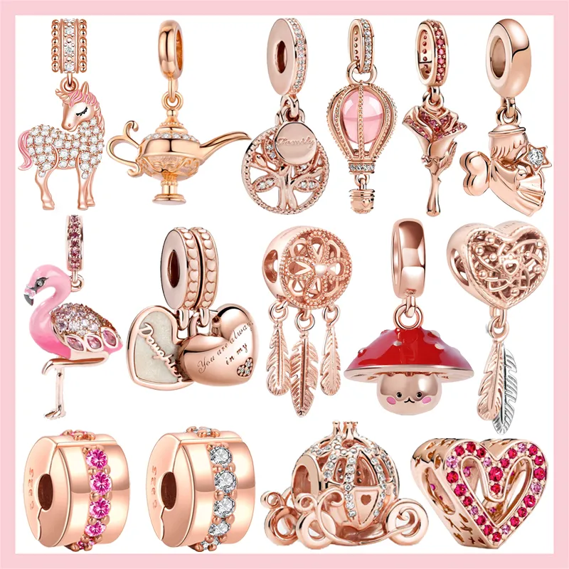 Dijes clásicos de plata 925 y oro rosa, cuentas de corazón de flor rosa, compatibles con pulsera Pandora, joyería DIY