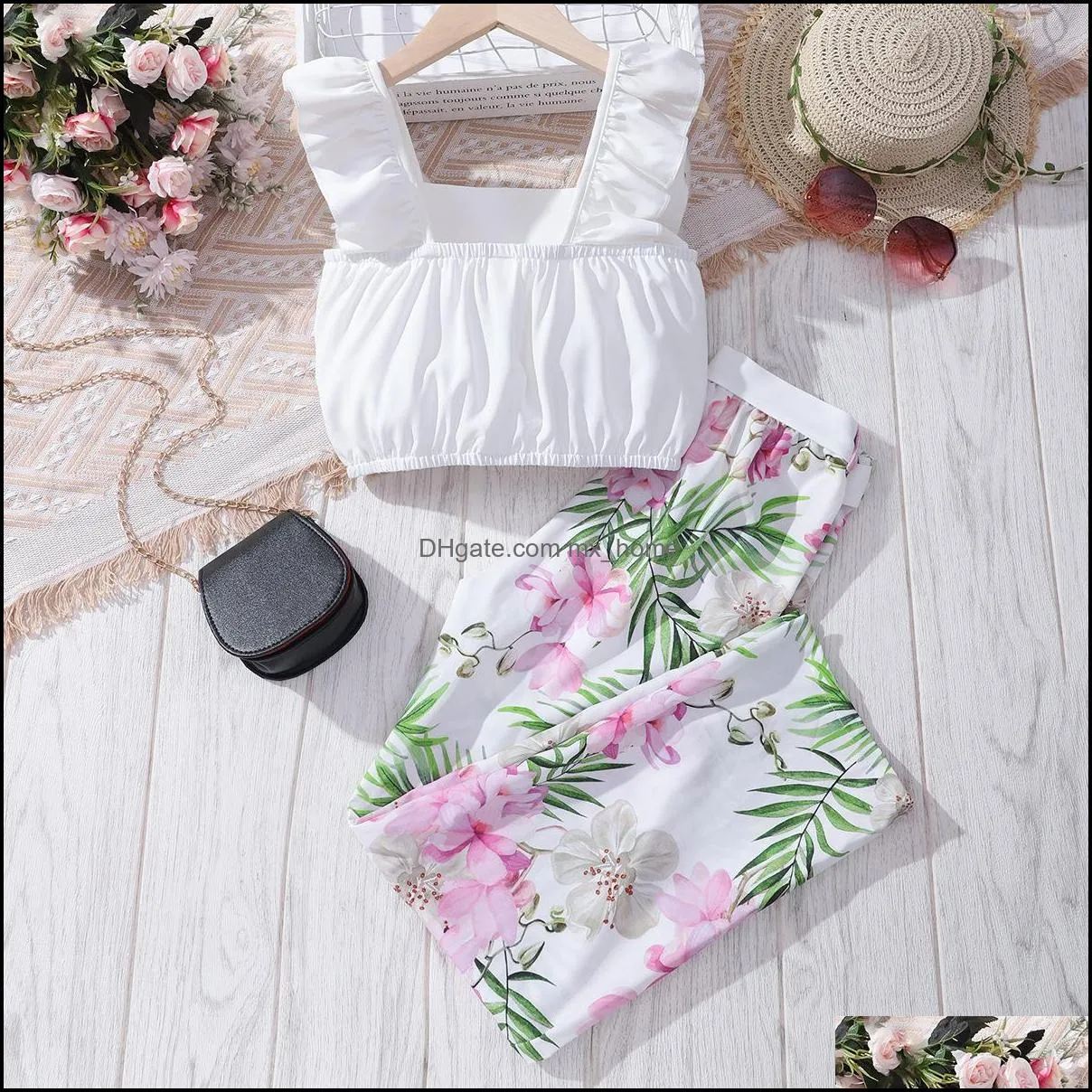 kids clothing sets girls outfits children ruffle sleeve tops flower floral print pants 2pcs/set summer fashion baby clothes z6711