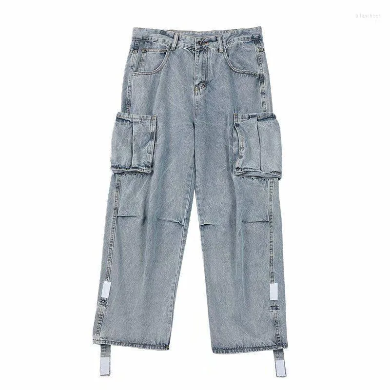 Pantalones de hombre Pantalones vaqueros de pierna ancha de mezclilla con bolsillos laterales sueltos rectos holgados para hombre ropa de calle de carga monopatín Hip Hop pantalones casuales