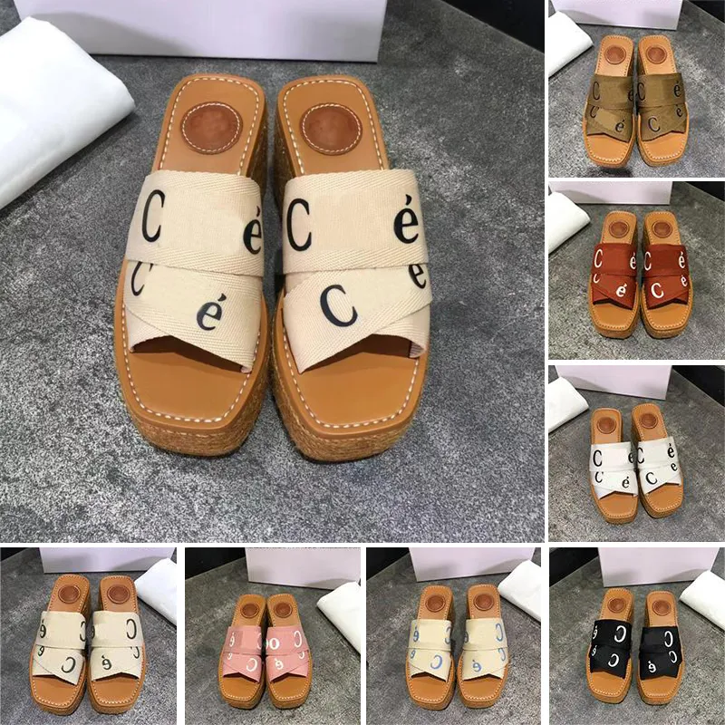 Woody Platform Women Mules Canvas Web Sandals Slippers fashion Designer Ladies Lettering Fabric Leather Mule Sandal hemp bottom lace Summer Casual Slide Slipper