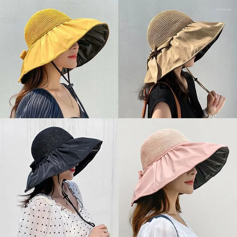 Chapeaux à large bord Femme Big Bucket Hat Pure Color All-match Summer Mesh Knit Dome Élégant Pliant Outdoor Travel Beach CapsWide Chur22