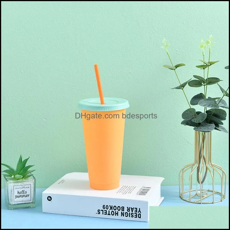 Summer 24oz Color Changing Cups Iced Coffee Drinkware PP Magic plastic cup Reusable with Straw Set Cold Drink Cups1560 T2