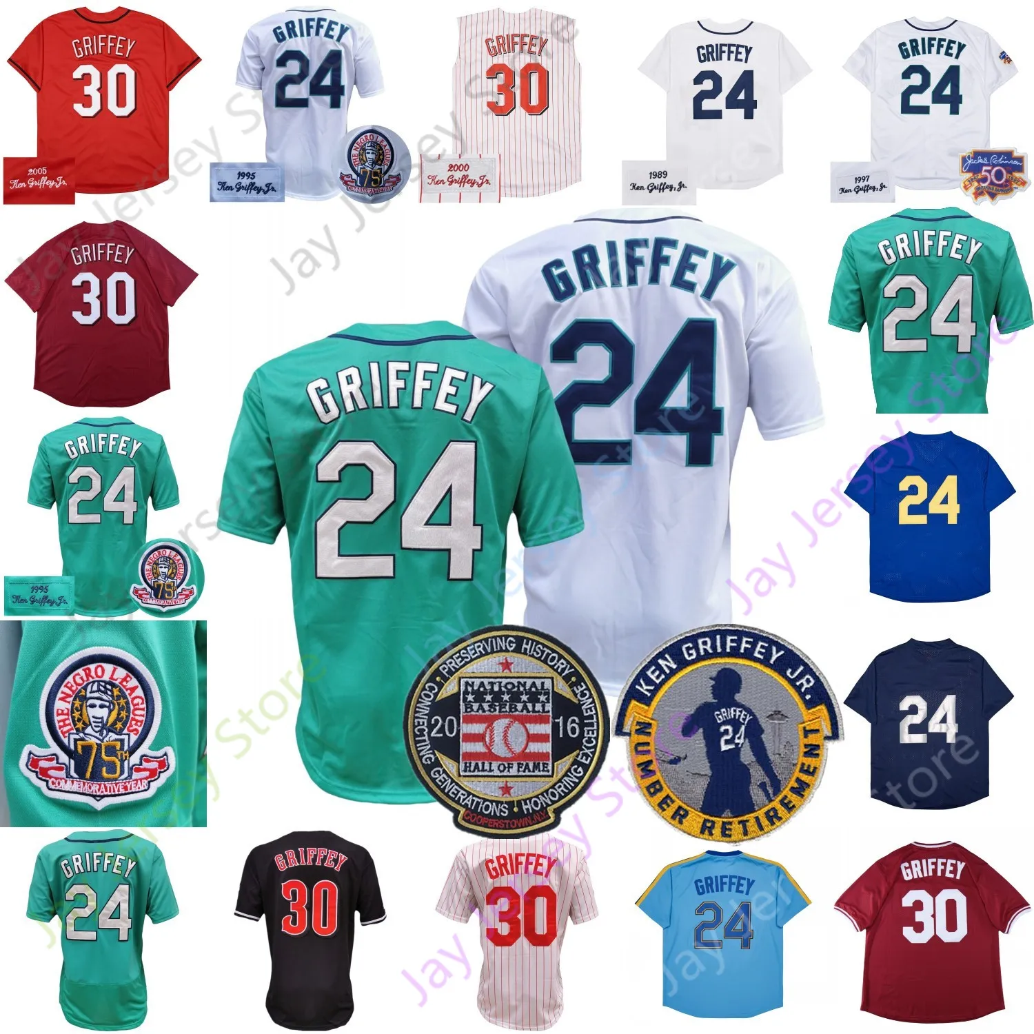 Ken Griffey Jersey Vintage 1989 1995 1997 2000 2005 핀스트라이프 풀오버 베이비 블루 화이트 그린 레드 메쉬 명예의 전당 패치 은퇴 성인 S-3XL