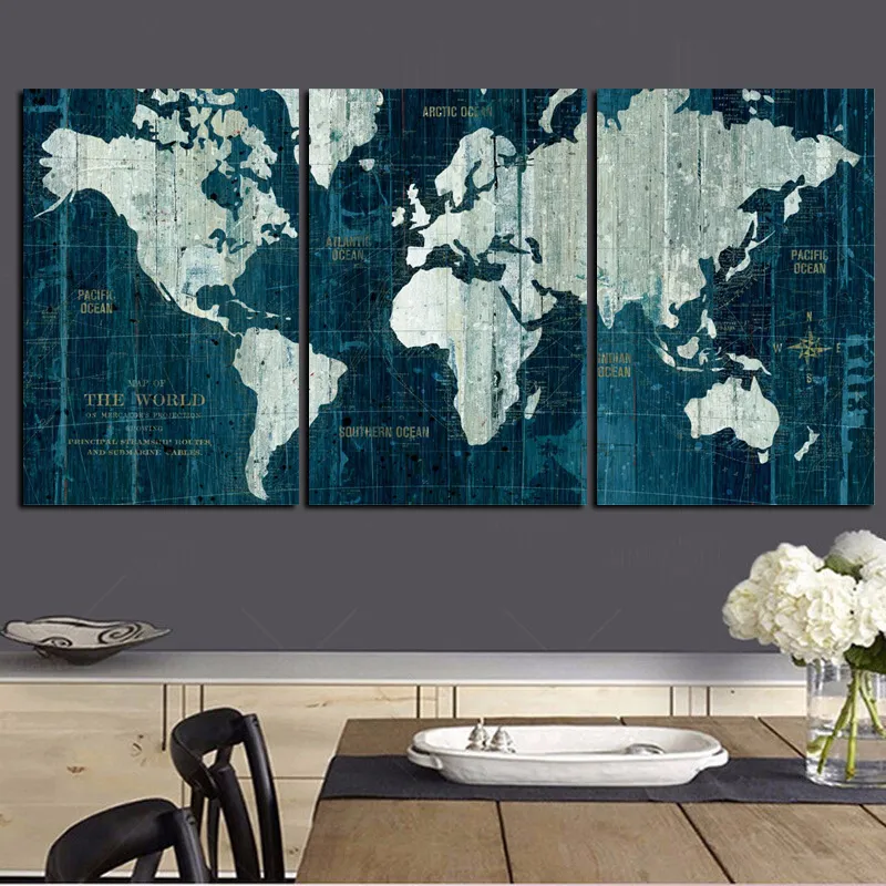3Panel Retro World Map Painting HD Print on Canvas Classic Pacifc Modular Wall Painting Sofa Cuadros Art Picture For Living Room