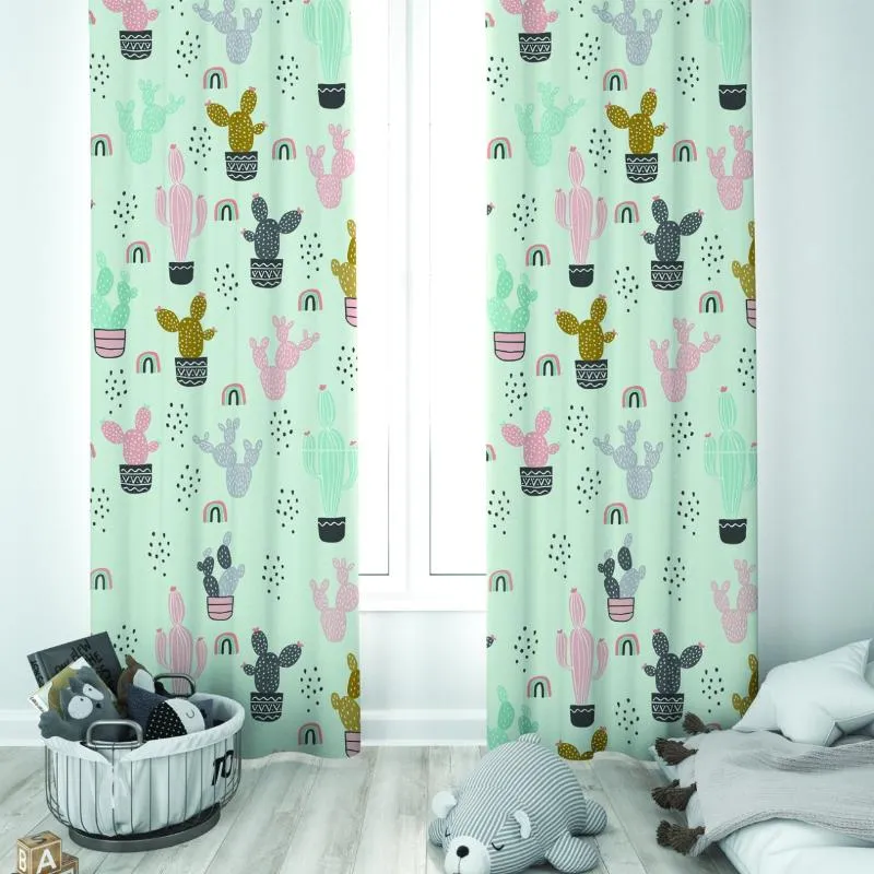 Занавес Drapes Зеленый фон Симпатичные Cacti Unisex Baby Kids Room Специальный дизайн Навес Кнута Кнута Blackout Reallous Window Спальня