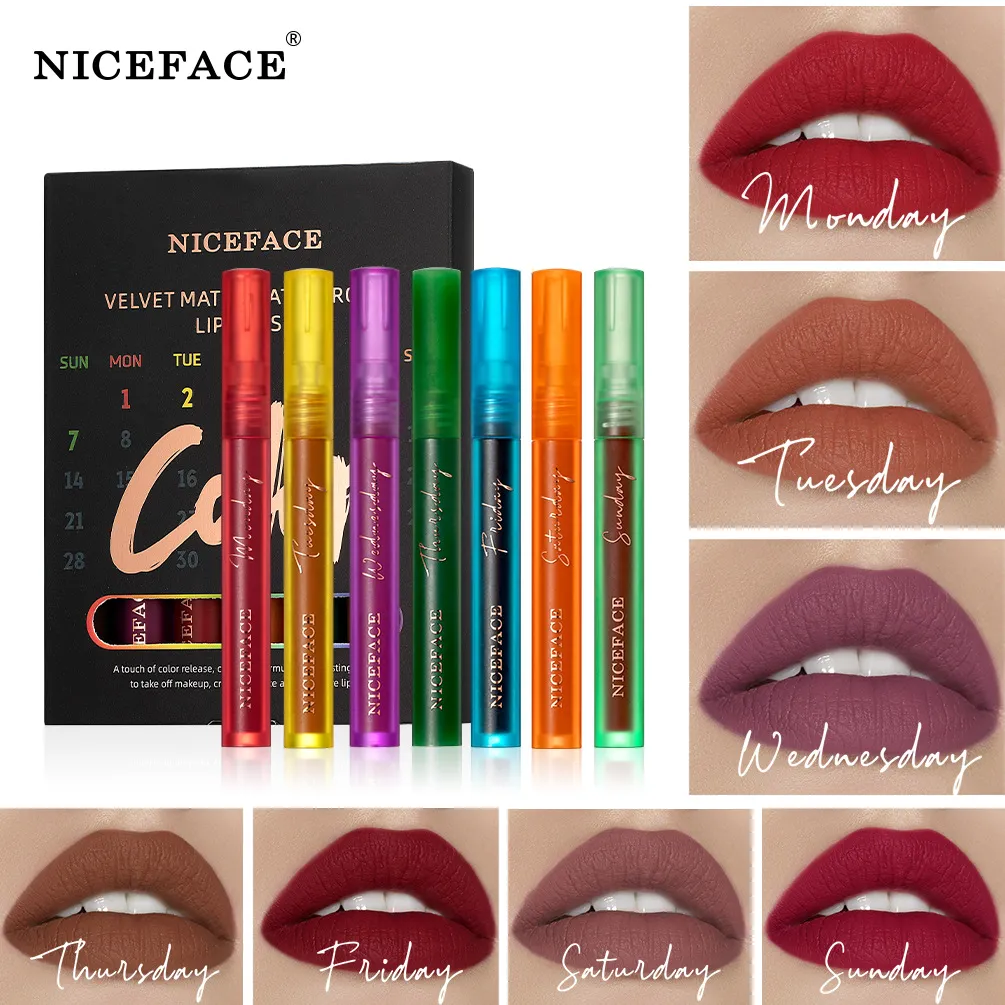 7PCS/SET Niceface Liquid Lipstick Non Stick Cup Wodoodporny błyszczyk Velvet Matte Lip Glaze na tydzień