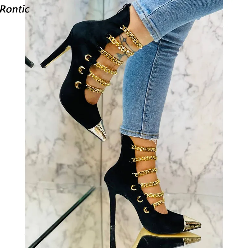 Zapatos de tacón Rontic hechos a mano para mujer, hebilla de cadena de ante sintético, tacones de aguja con punta estrecha, preciosos zapatos dorados y plateados para discoteca, talla estadounidense 5-15