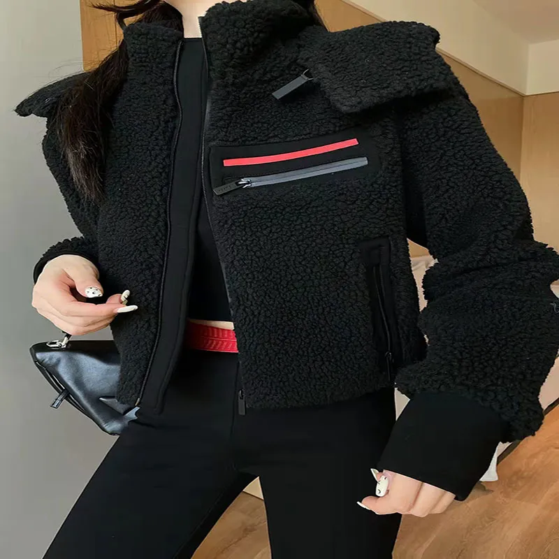 Veste femme courte polaire top designer marque cardigan à capuche femme veste en laine coupe ajustée mode col montant veste courte chaude