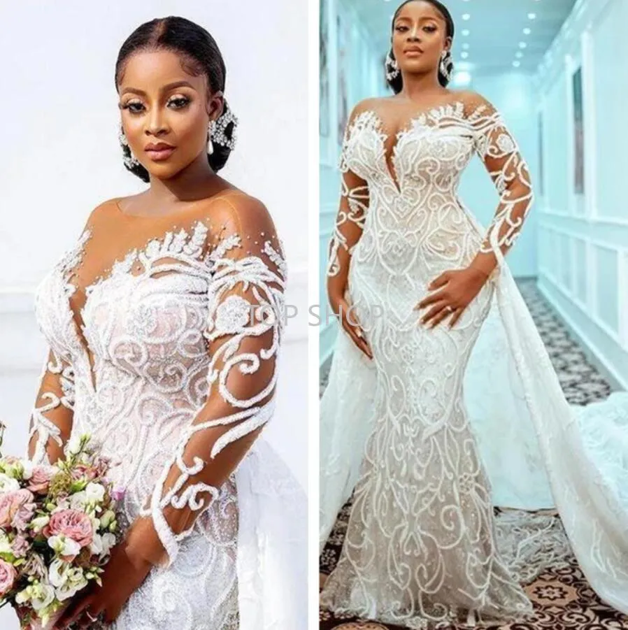 Robes de mariée sirène en dentelle grande taille 2022 avec train détachable pure manches longues en dentelle perlée appliquée robe de mariée sur mesure Robe de mariée EE