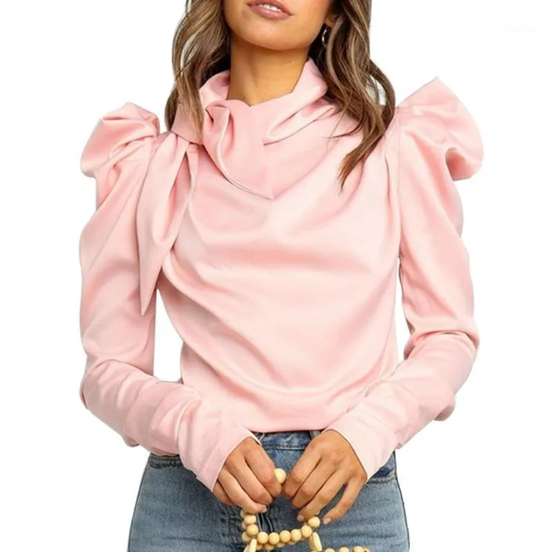 Women's Ladies Fashion Satin Tops Bow Neck Long Puff Sleeve Outwear Shirt Blouse Elegant Pleated Solid Soft Clothes Blouses & Shirts